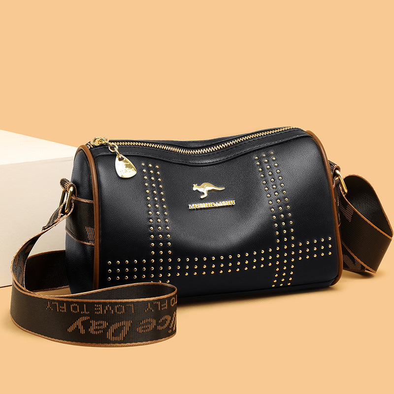 Color Contrast Patchwork Rivet Crossbody Bag with Soft Leather Shoulder Strap - Teleplus color contrast patchwork rivet