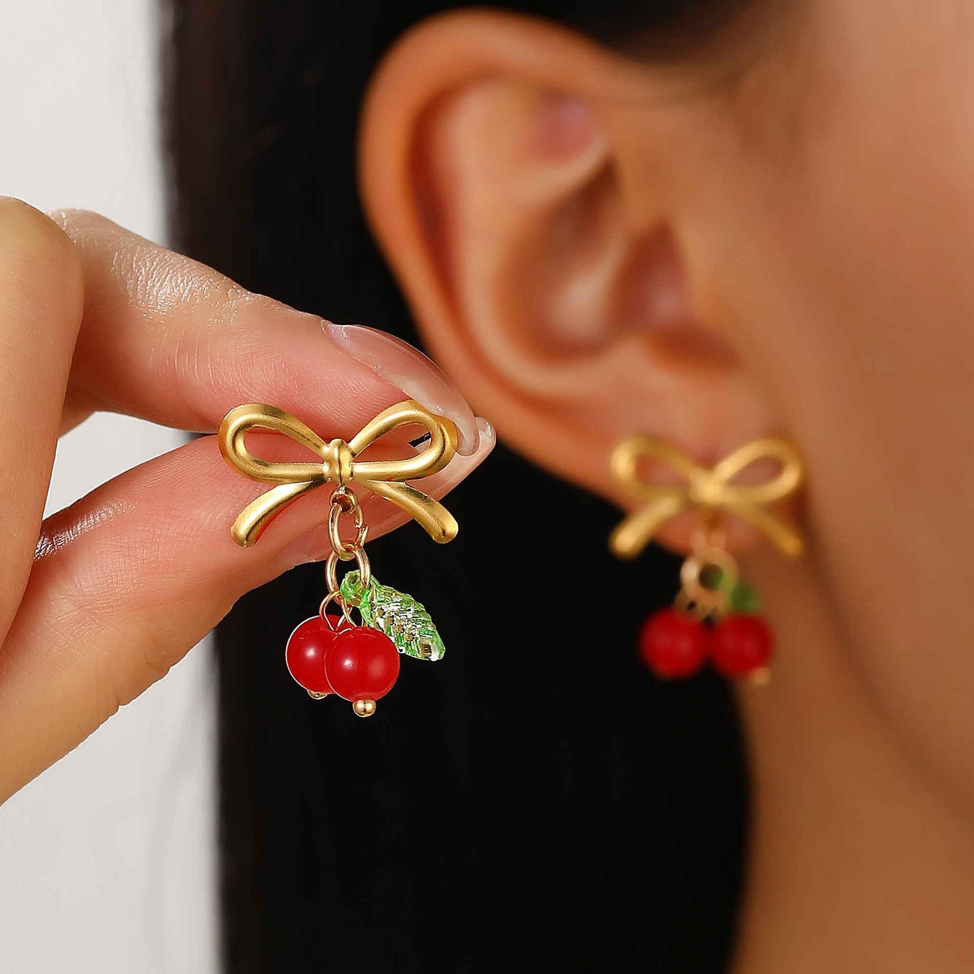 Color Round Beads Bow Cherry Earrings - Bow Cherry Earrings for Your Inner Colorful Diva