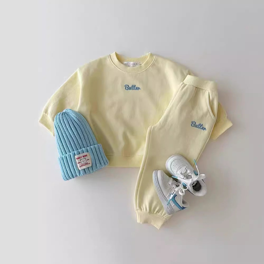 Color Sweater Suit Sweater Sweatpants Solid Color English Letters Unisex Baby Suit - Sweater Sweatpants for Tiny