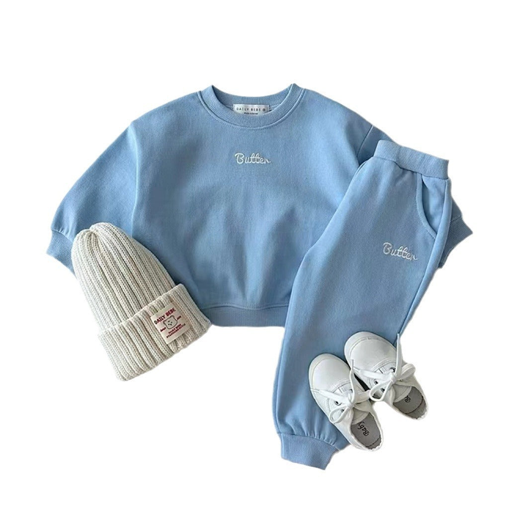 Color Sweater Suit Sweater Sweatpants Solid Color English Letters Unisex Baby Suit - Sweater Sweatpants for Tiny