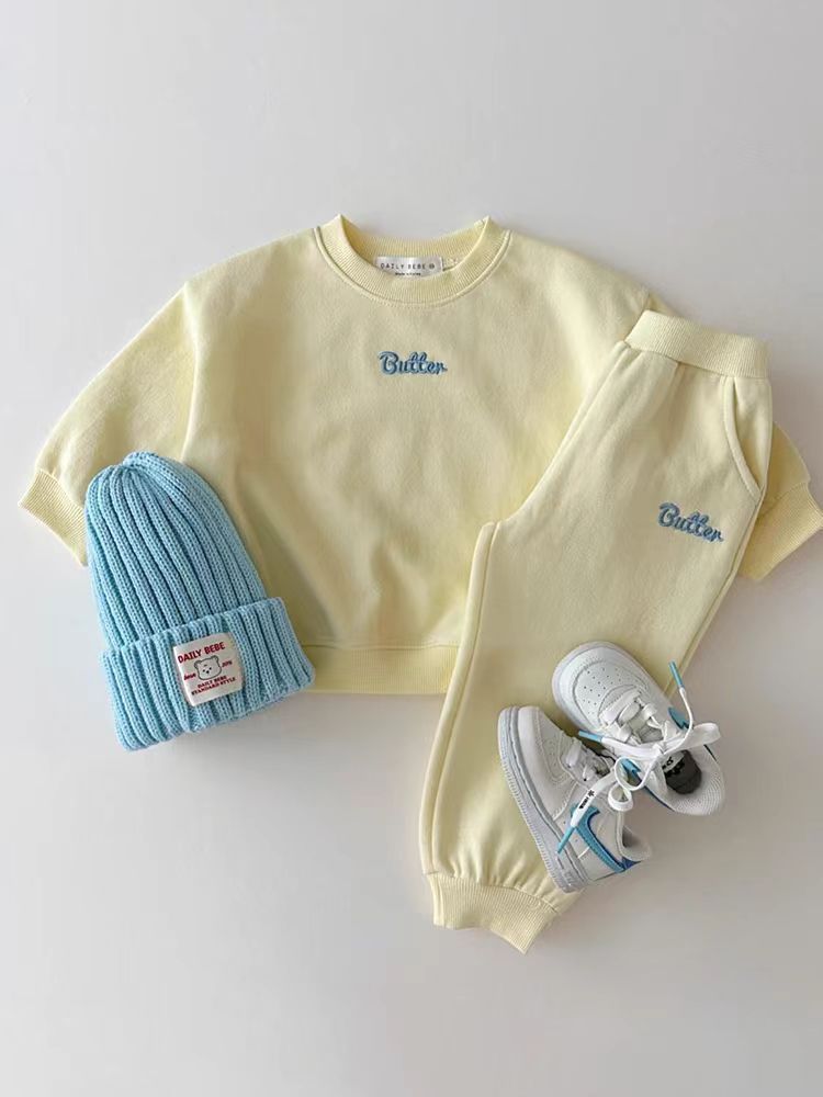 Color Sweater Suit Sweater Sweatpants Solid Color English Letters Unisex Baby Suit - Sweater Sweatpants for Tiny