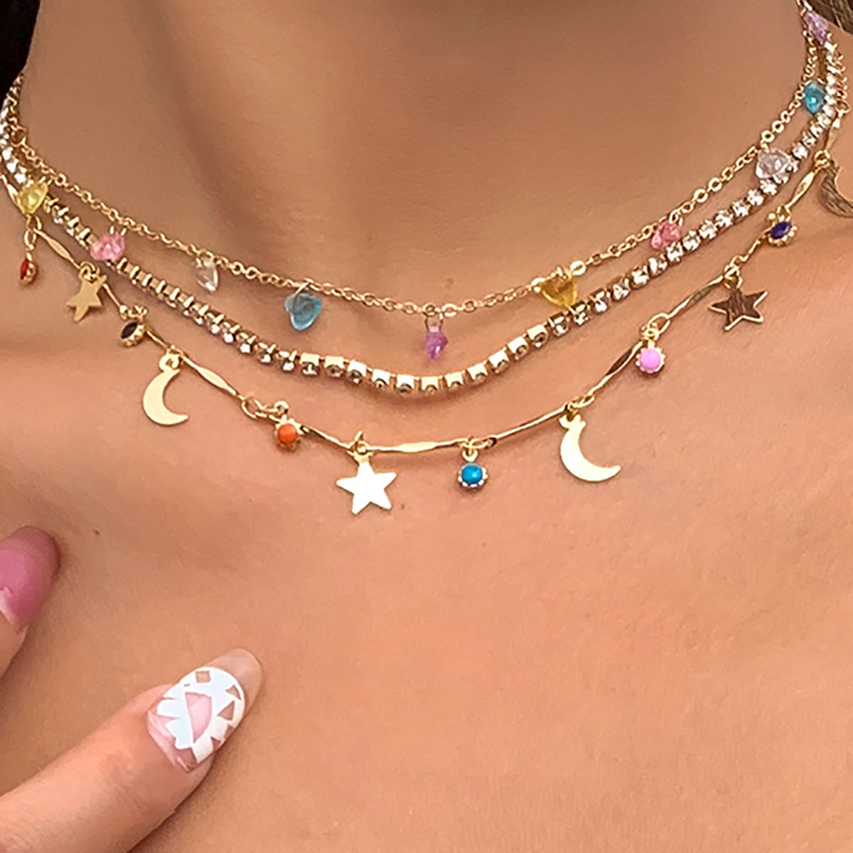 Colorful Gravel Ethnic Pendant Tassel Necklace with Gold and White Finish - colorful gravel ethnic pendant tassel