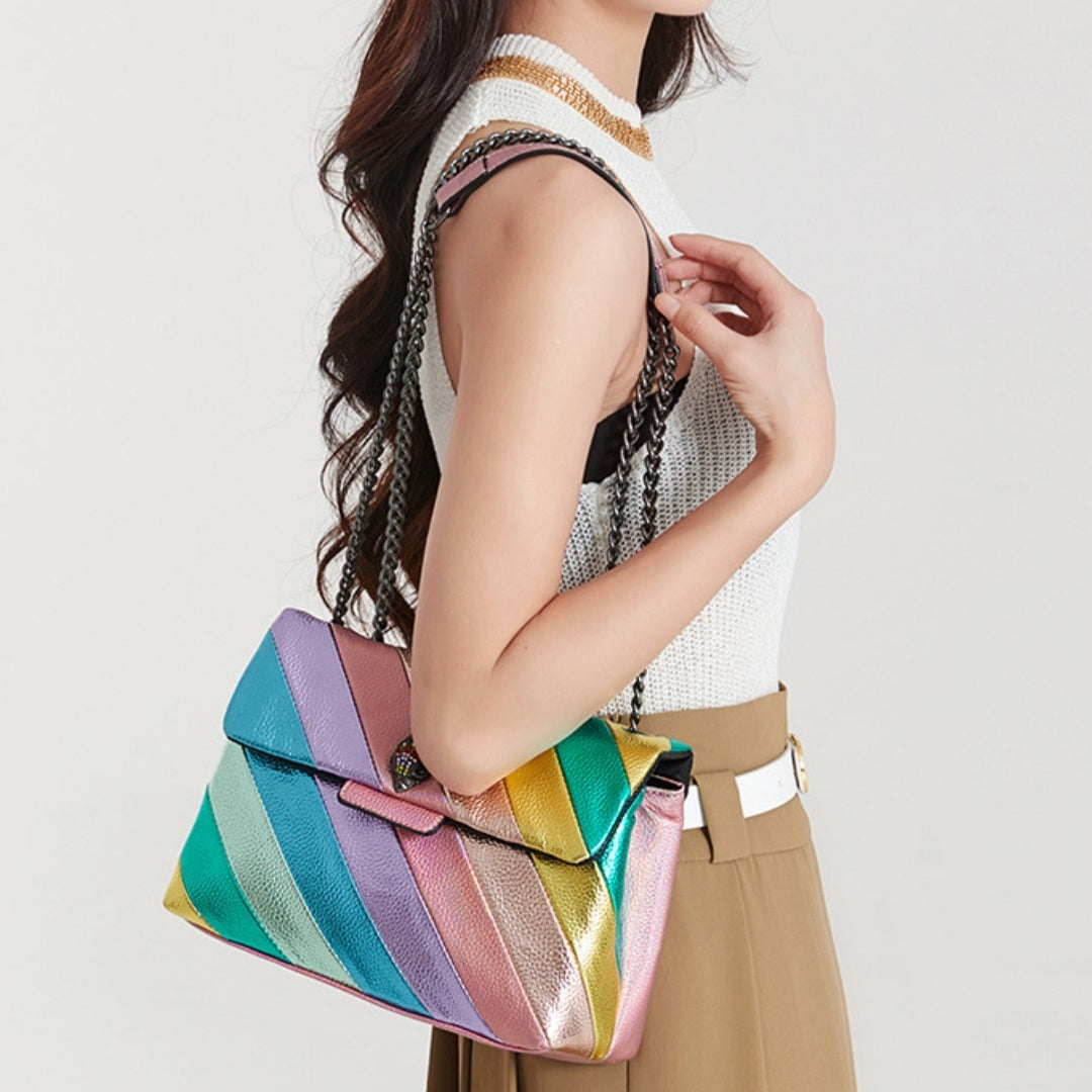 Colorful Pink PU Chain Shoulder Messenger Bag with Zipper Compartments - Teleplus stitching chain shoulder messenger bag