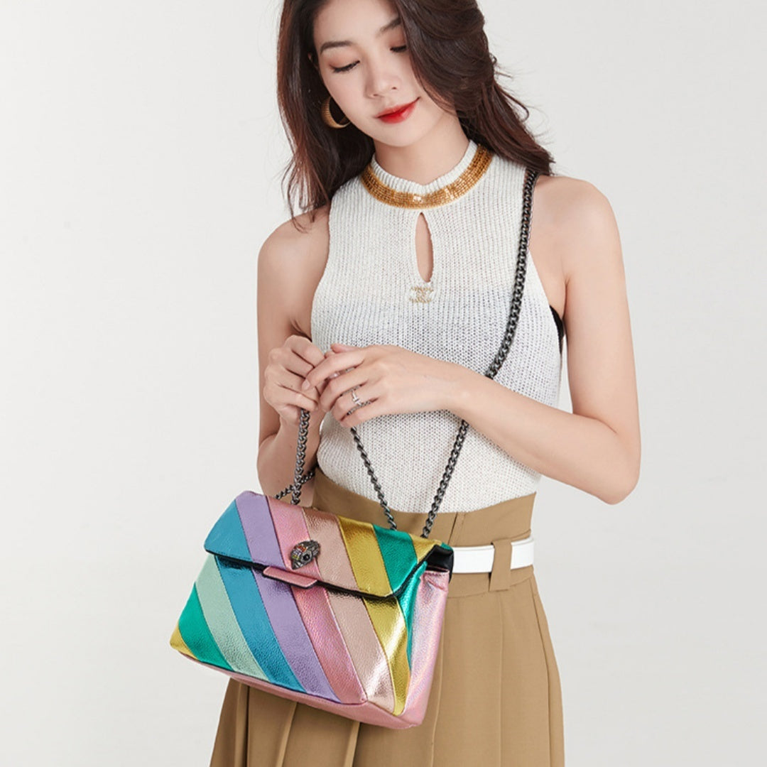 Colorful Pink PU Chain Shoulder Messenger Bag with Zipper Compartments - Teleplus stitching chain shoulder messenger bag