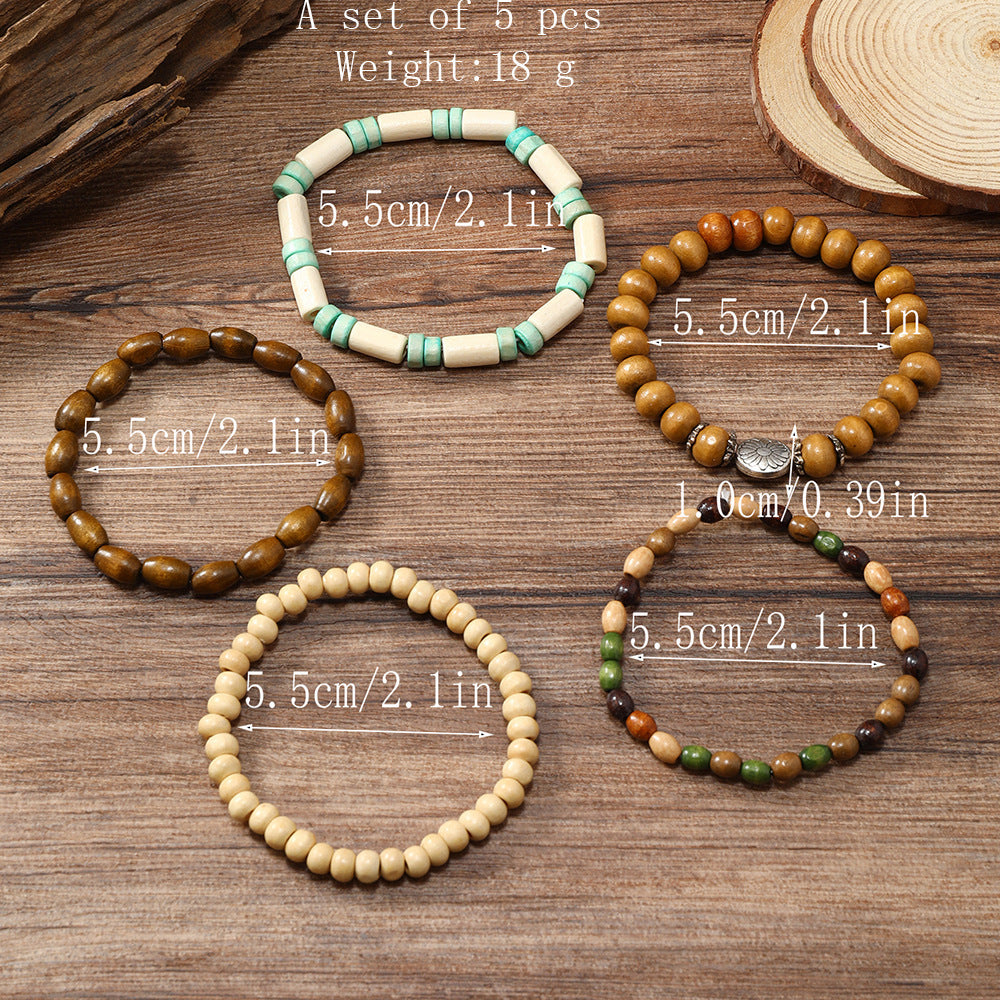 Colorful Wooden Bead Small Flower Filament Five-piece Bracelet - Colorful Wooden Bead Flower Bracelet Set of Five