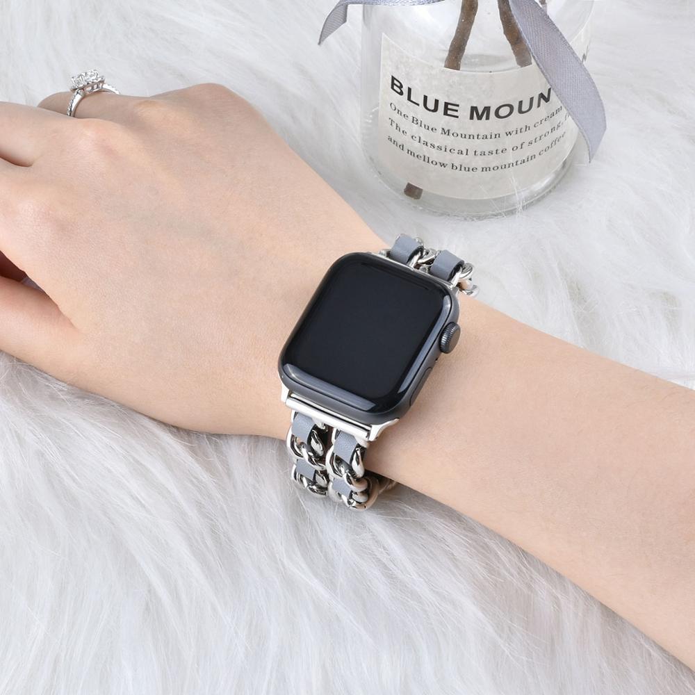 Compatible with Apple Strap Cuban Link Bracelet IWatch Leather Metal Strap - Compatible Apple Strap Cuban Link Bracelet