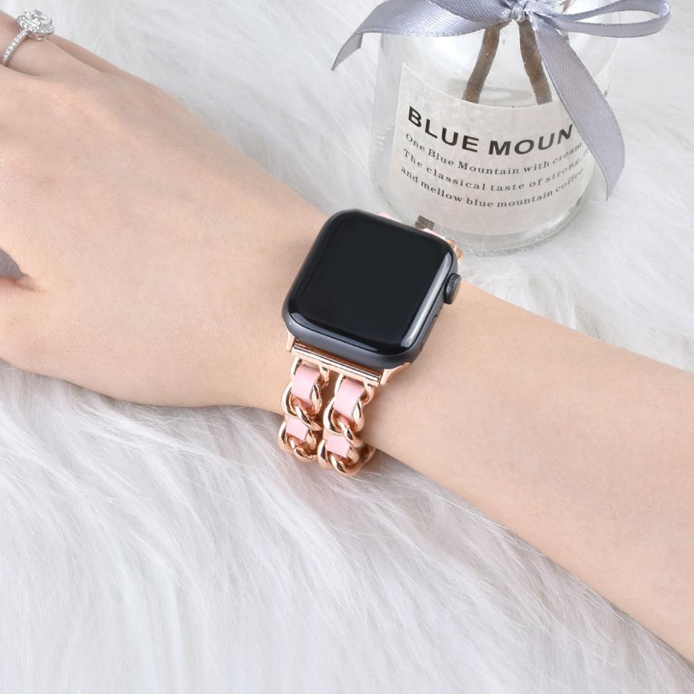 Compatible with Apple Strap Cuban Link Bracelet IWatch Leather Metal Strap - Compatible Apple Strap Cuban Link Bracelet