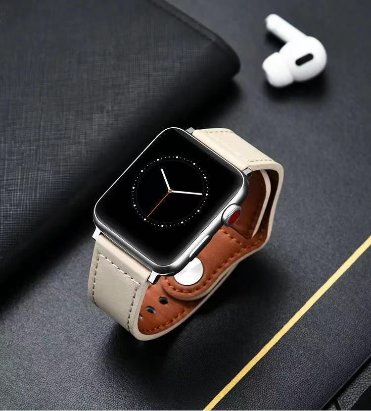 Compatible with Apple Apple Watch123456Se Generation First Layer Leather Iwatch Watch Strap - Stylish Dark Brown Watch