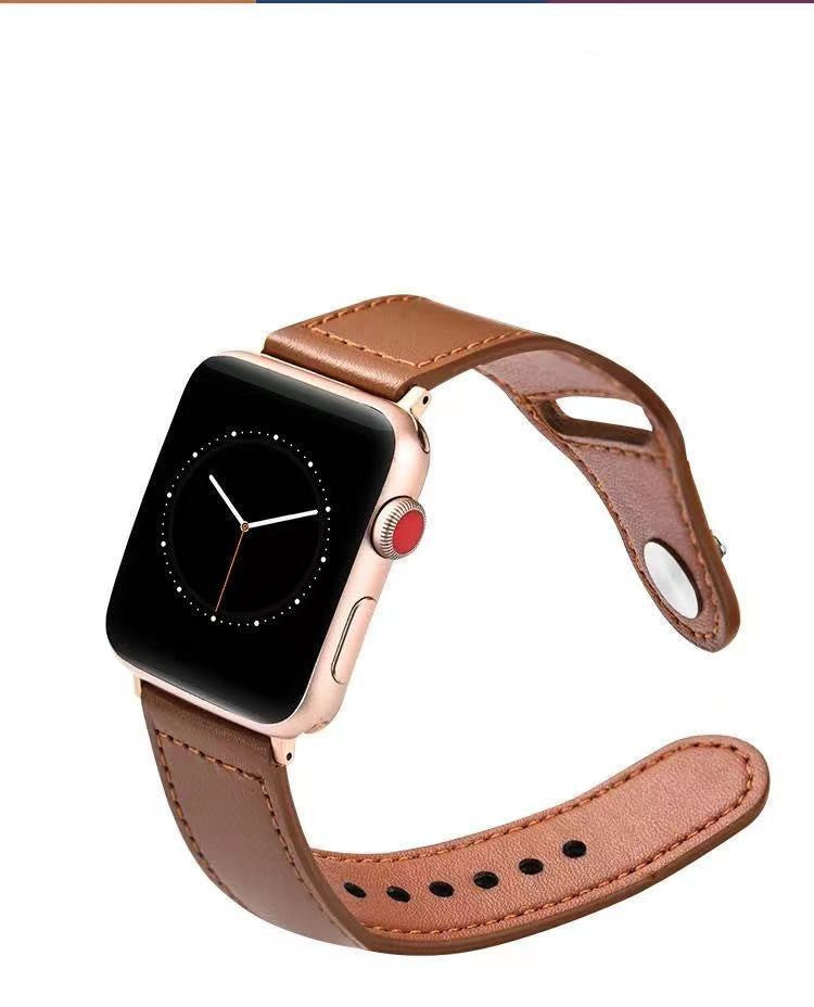 Compatible with Apple Apple Watch123456Se Generation First Layer Leather Iwatch Watch Strap - Stylish Dark Brown Watch