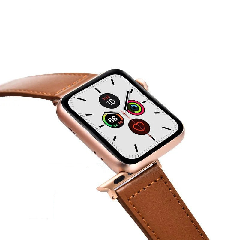 Compatible with Apple Apple Watch123456Se Generation First Layer Leather Iwatch Watch Strap - Stylish Dark Brown Watch