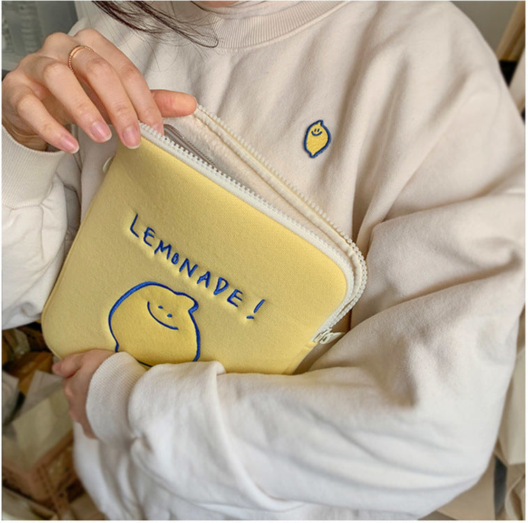 Compatible with Apple Winter Korean Ins Niche Design Lemon Embroidery Letters IPad Tablet Laptop Bag Storage Bag