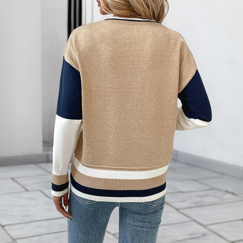 Contrast Color Blue White Pullover Japanese Korean Casual Stitching Sweater - Teleplus contrast color