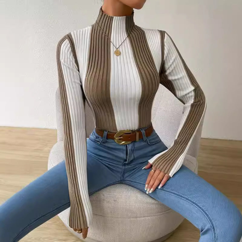 Contrast Color Plaid Pullover Loose Fit Sweater Black Khaki Core-Spun Yarn - Teleplus contrast color