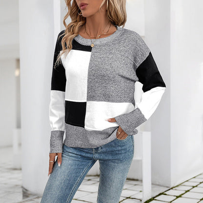 Contrast Color Pullover Persian Stretch Wool Gray Knit Sweater S M L - Teleplus contrast color