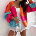 Contrast Color Retro Cardigan Lantern Sleeve Artistic Sweater for Women - Teleplus contrast color