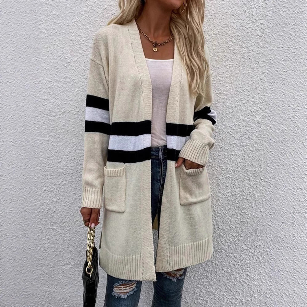 Contrast Color Striped Cardigan Gray Apricot Street Fashion Acrylic Sweater - Teleplus Store contrast color