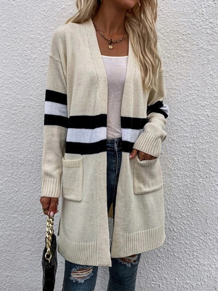 Contrast Color Striped Cardigan Gray Apricot Street Fashion Acrylic Sweater - Teleplus Store contrast color
