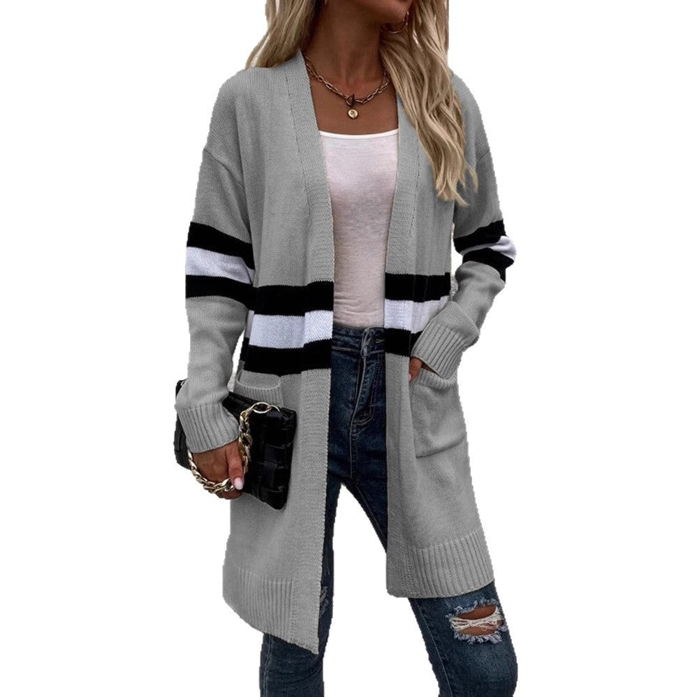 Contrast Color Striped Cardigan Gray Apricot Street Fashion Acrylic Sweater - Teleplus Store contrast color