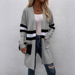 Contrast Color Striped Cardigan Gray Apricot Street Fashion Acrylic Sweater - Teleplus Store contrast color