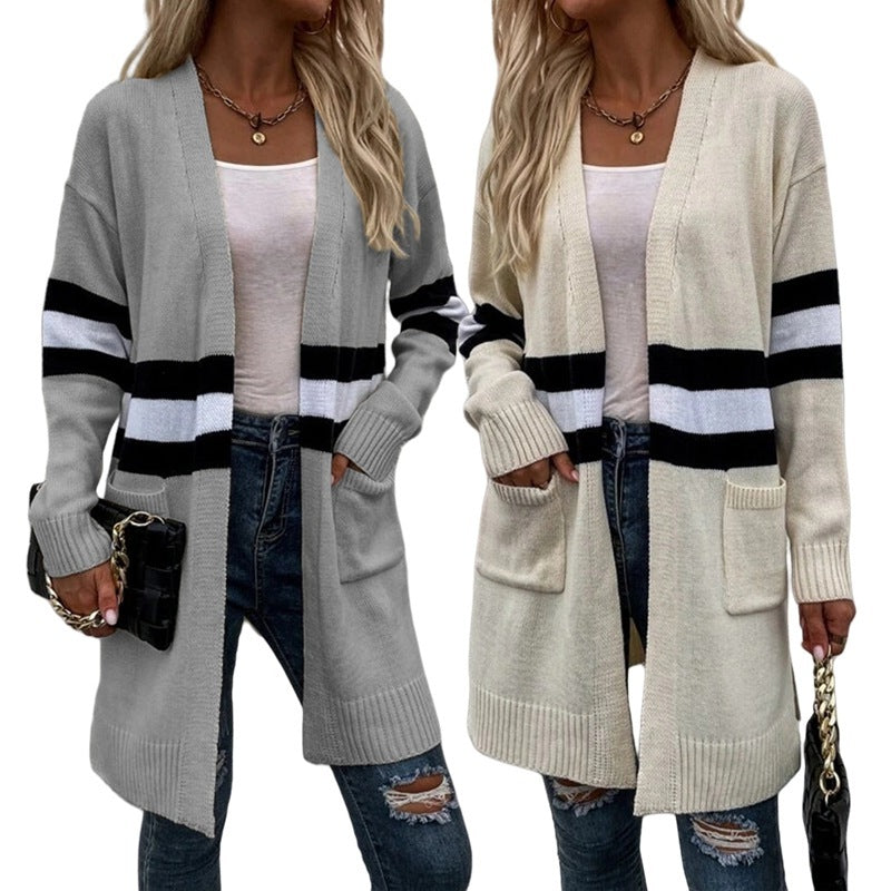 Contrast Color Striped Cardigan Gray Apricot Street Fashion Acrylic Sweater - Teleplus Store contrast color