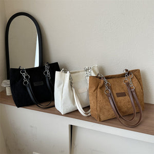 Corduroy Shoulder Bag Medium Tote with Pockets Daily Travel Handbag Purse - Teleplus