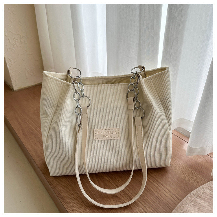 Corduroy Shoulder Bag Medium Tote with Pockets Daily Travel Handbag Purse - Teleplus