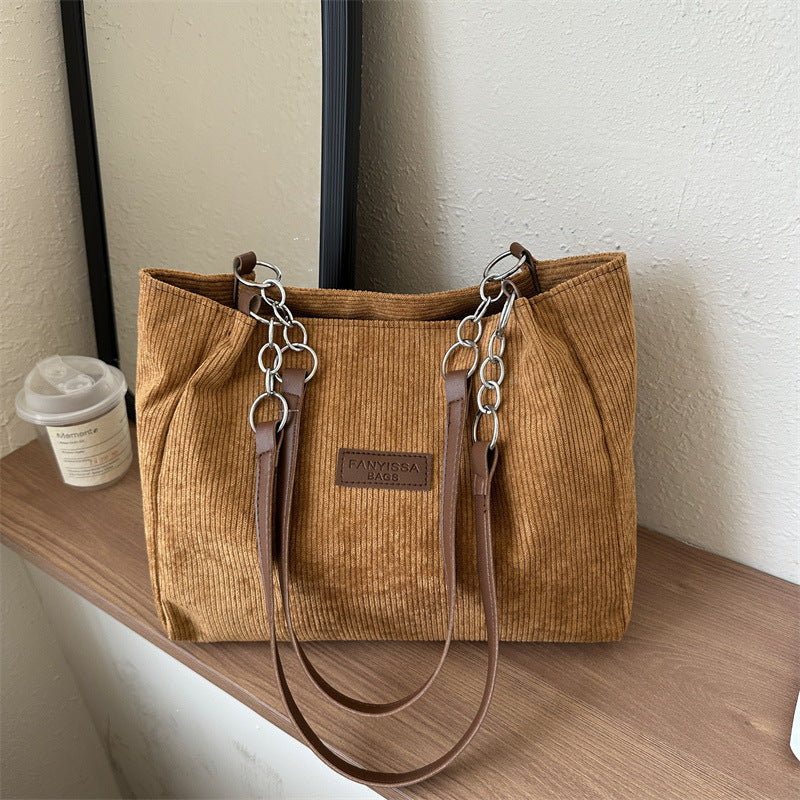 Corduroy Shoulder Bag Medium Tote with Pockets Daily Travel Handbag Purse - Teleplus