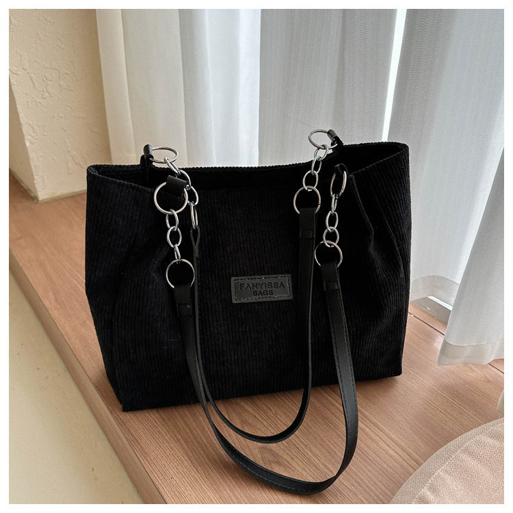 Corduroy Shoulder Bag Medium Tote with Pockets Daily Travel Handbag Purse - Teleplus