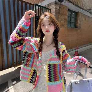 Cotton Cardigan Loose Fit Long Sleeve Pink Blue Red Lightweight Sweater
