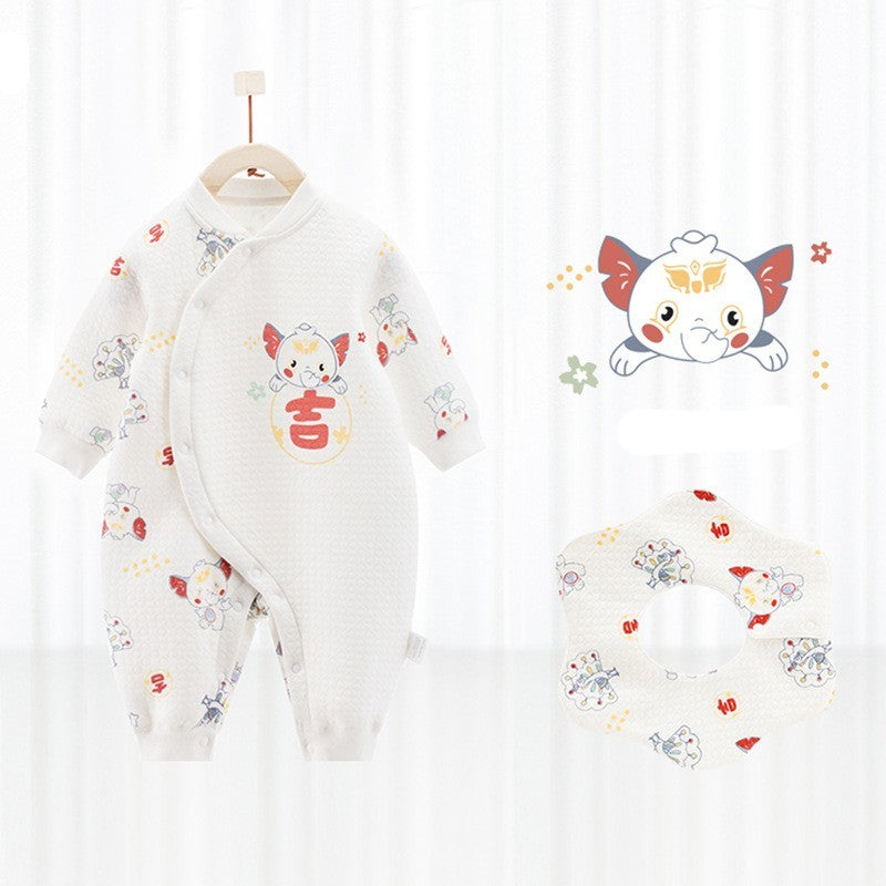 Cotton Thermal Clip Silk Onesie Newborn Climbing Baby Clothes - Lovely Baby Cotton Thermal Silk Onesie Blue Rabbit