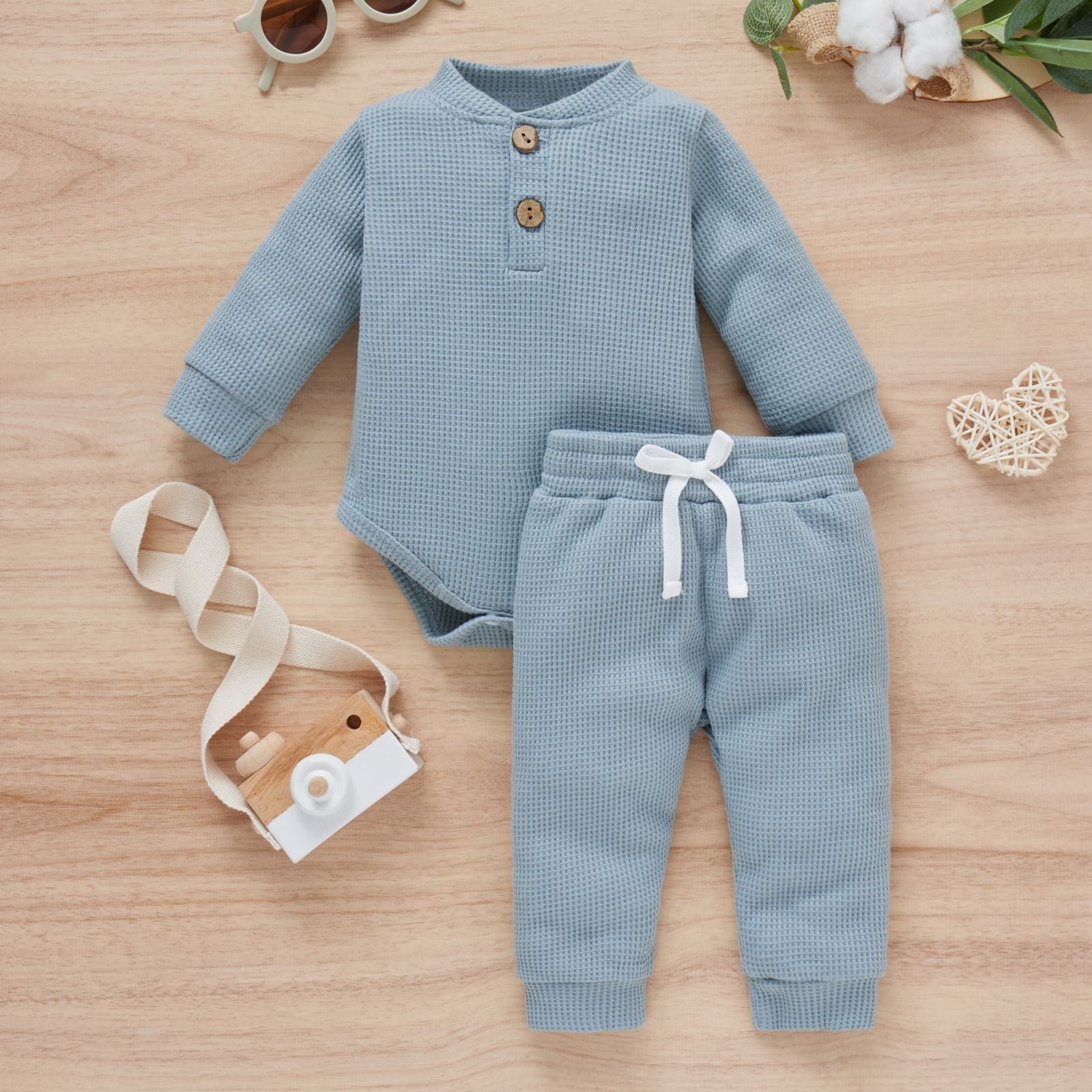 Cotton Waffle Stand Collar Romper Trousers Two-piece Set - Cotton Waffle Romper Set for Tiny Trendsetters