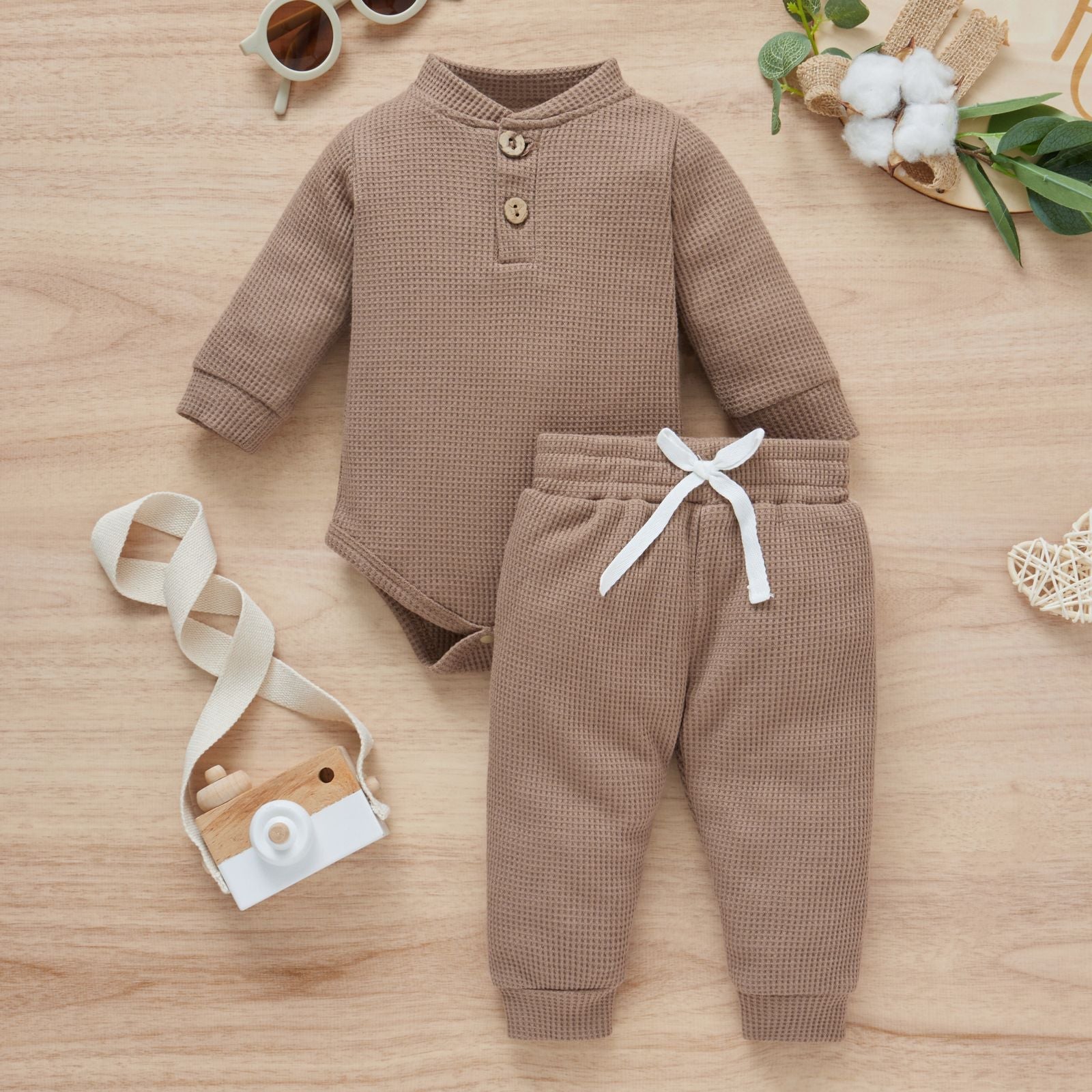 Cotton Waffle Stand Collar Romper Trousers Two-piece Set - Cotton Waffle Romper Set for Tiny Trendsetters