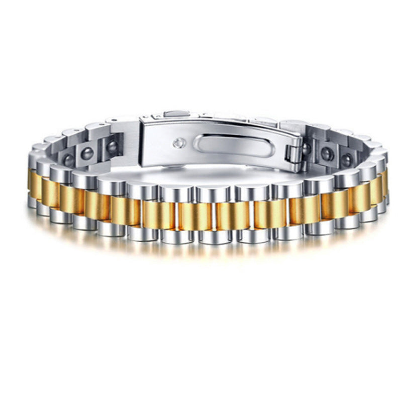 Couple’s Watchband Buckle Haematite Magnet Titanium Steel Bracelet - Couple’s Gold Hematite 12mm Magnet Bracelet