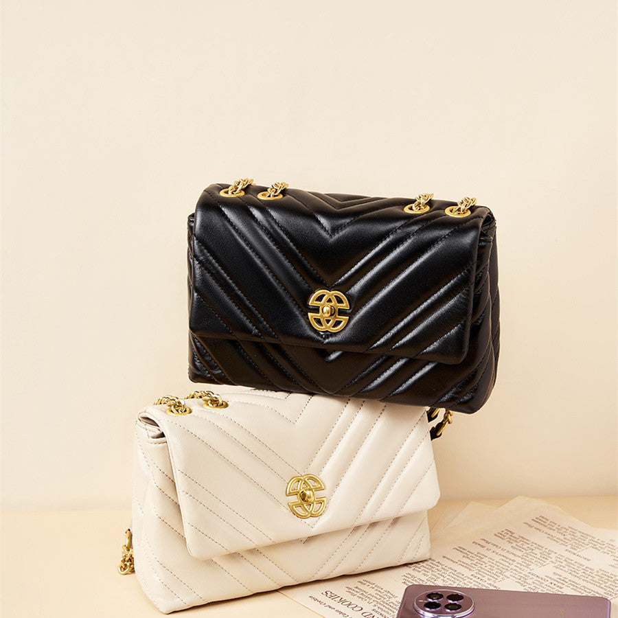 Cowhide Diamond Chain Square Shoulder Messenger Bag with Clamshell Design - Teleplus cowhide diamond chain square