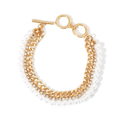 Fashion Pearl Bracelet with Electroplating Gold and Rhinestones - Creative OT Buckle creative fashion pearl bracelet