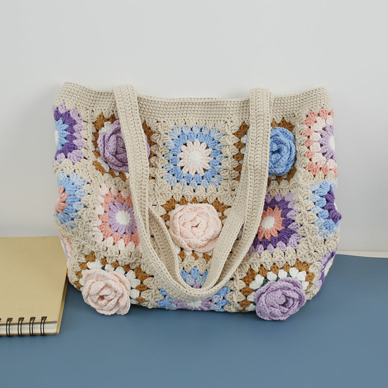 Creative Hand Weaving Stereo Flower Shoulder Bag with Cotton and Wool Design - Teleplus creative hand weaving stereo