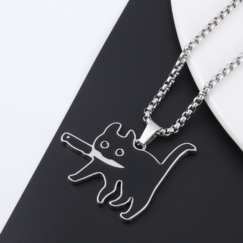Creative niche hip Clavicle Chain Knife with Electroplated Titanium Steel - Niche Hip Hop Cat Necklace creative hop