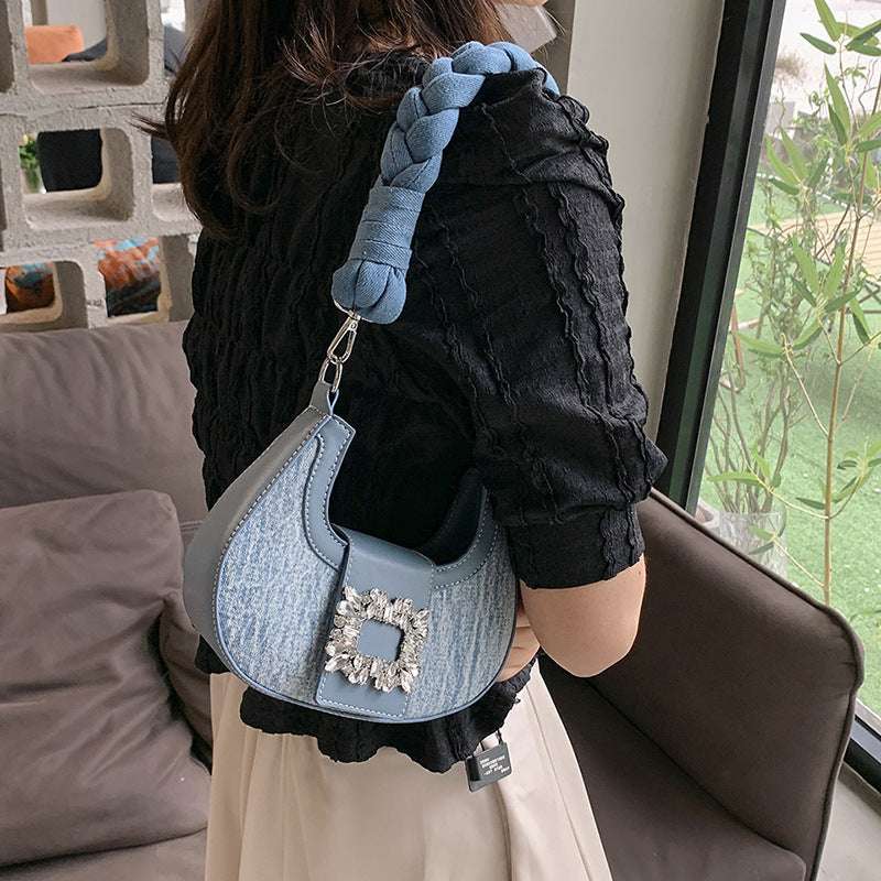 Crescent Moon Bag with Square Buckle and Twist Braid Design - Teleplus square buckle crescent twist braid