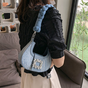 Crescent Moon Bag with Square Buckle and Twist Braid Design - Teleplus square buckle crescent twist braid