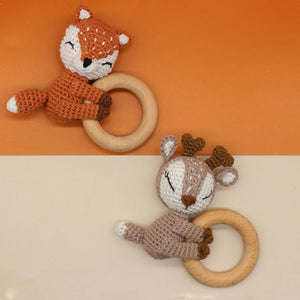 Crochet Fox Elk Rattle for Babies Wooden Packing Teether Over 6 Months - Baby Chew Time Fun crochet fox elk rattle