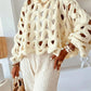 Crocheted Flowers Long Sleeve Pullover Sweater Apricot White S to XL - long sleeve