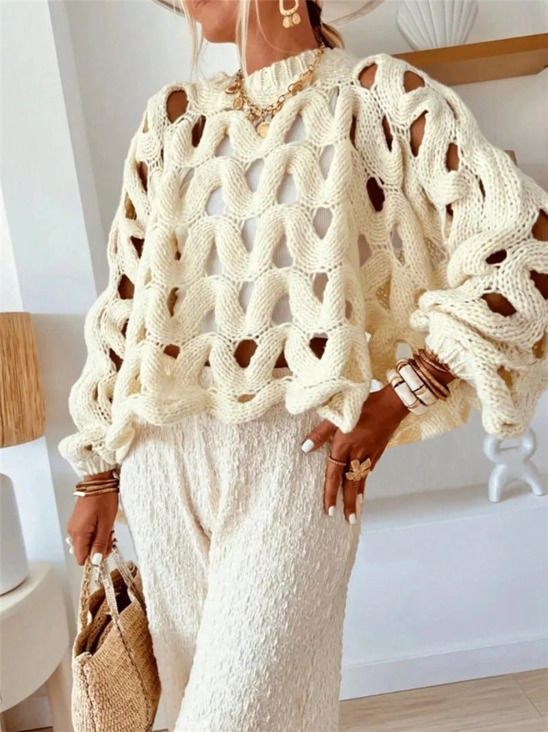 Crocheted Flowers Long Sleeve Pullover Sweater Apricot White S to XL - long sleeve