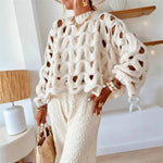 Crocheted Flowers Long Sleeve Pullover Sweater Apricot White S to XL - long sleeve