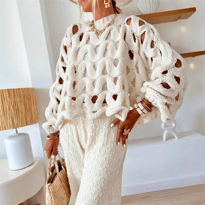 Crocheted Flowers Long Sleeve Pullover Sweater Apricot White S to XL - long sleeve