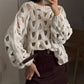 Crocheted Flowers Long Sleeve Pullover Sweater Apricot White S to XL - long sleeve