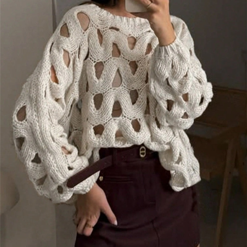 Crocheted Flowers Long Sleeve Pullover Sweater Apricot White S to XL - long sleeve