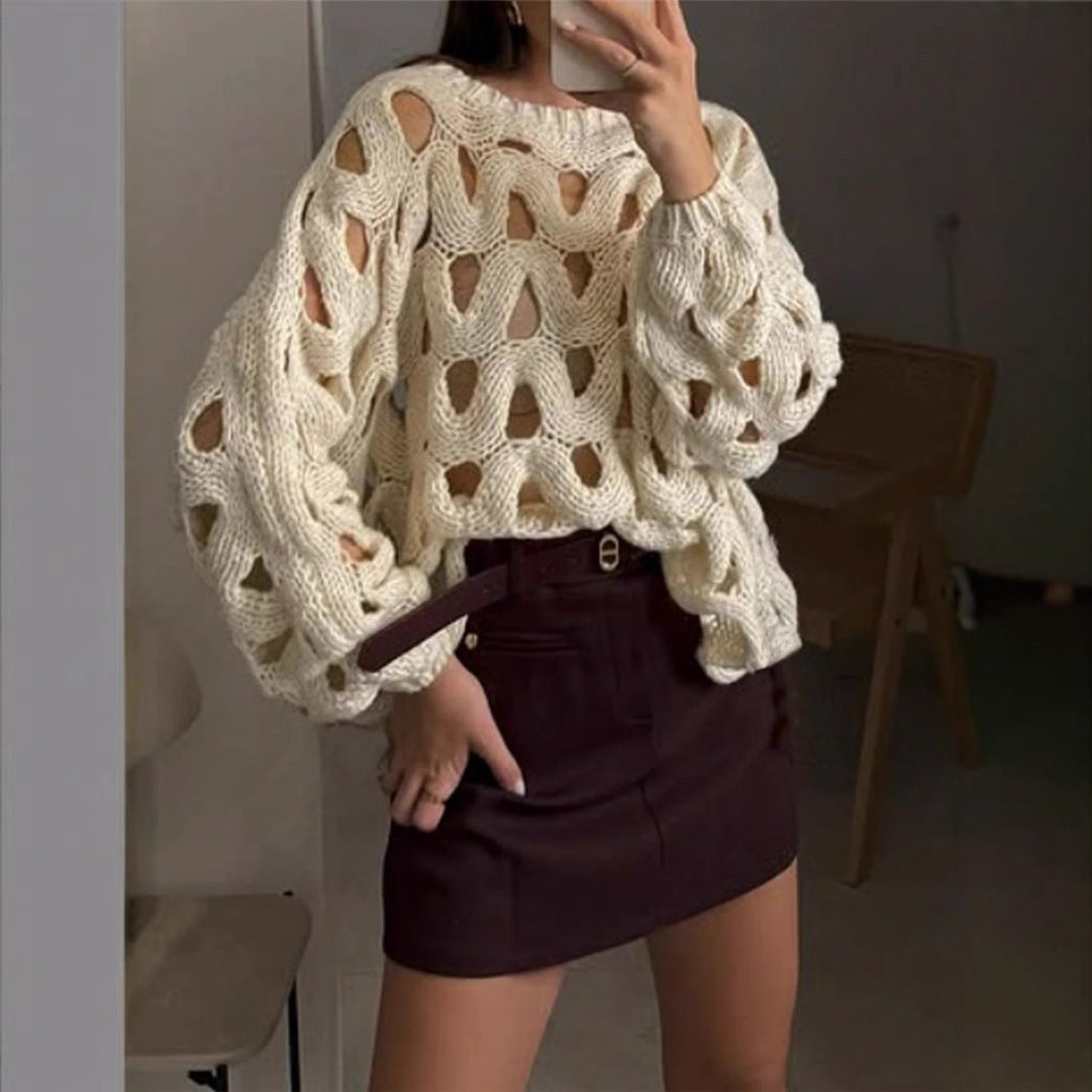 Crocheted Flowers Long Sleeve Pullover Sweater Apricot White S to XL - long sleeve