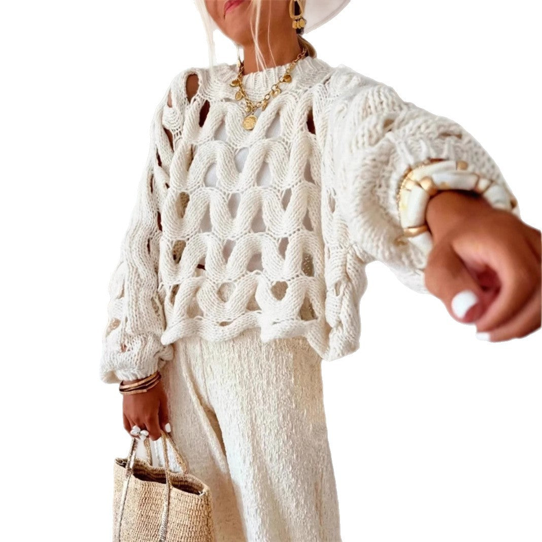 Crocheted Flowers Long Sleeve Pullover Sweater Apricot White S to XL - long sleeve
