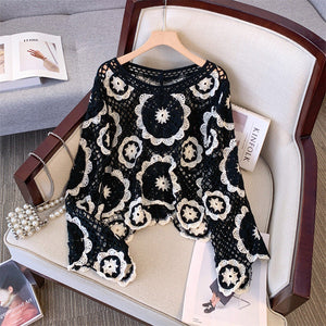 Crocheted Hollow Lantern Sleeve Pullover Bamboo Cotton Loose Socialite Top - crocheted hollow