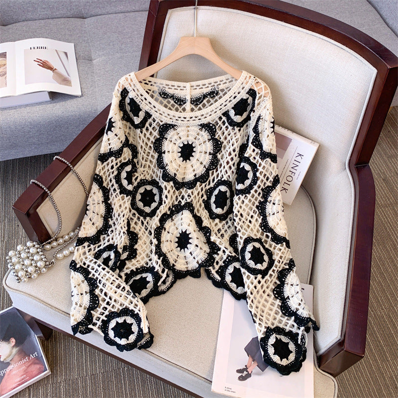 Crocheted Hollow Lantern Sleeve Pullover Bamboo Cotton Loose Socialite Top - crocheted hollow